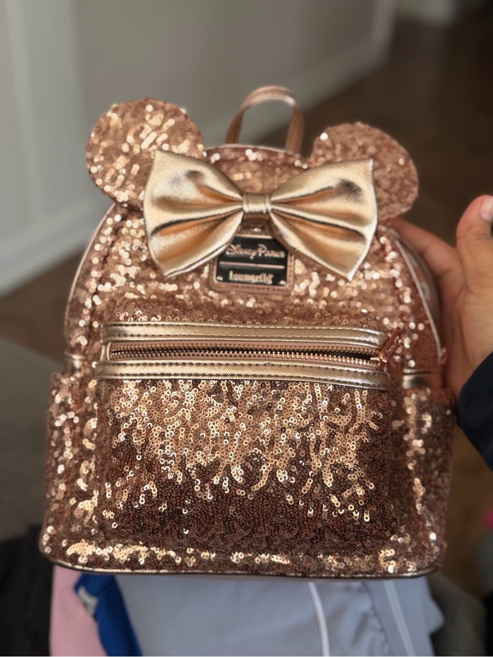 Loungefly Rose Gold Sequin Minnie Ear Mini Backpack with Metallic Bow